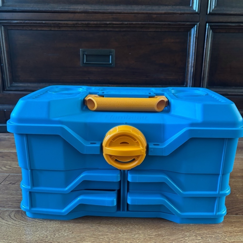 Blue Portable Tool Organizer with Yellow Latch and Handle, craft, Tackle box